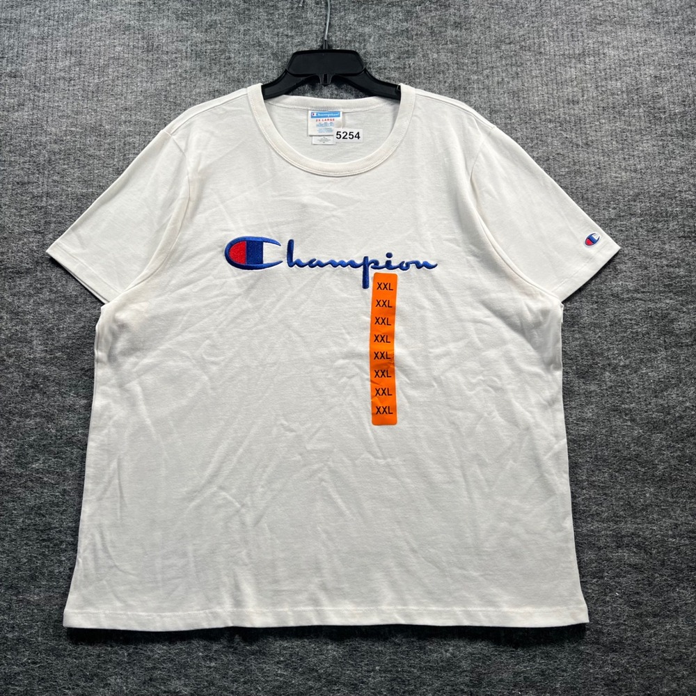 Champion Mens Script Logo T-Shirt White Cotton Short Sleeve XXL 5254 - Picture 1 of 5